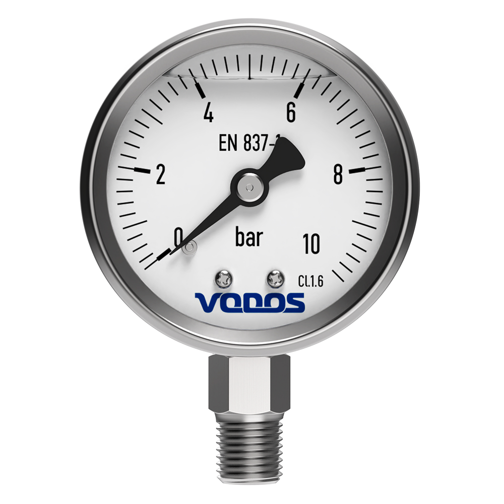 Манометр VODOS Y-60, RAD, 0-10 bar (G 1/4'')  глицериновый, в нержавеющем корпусе