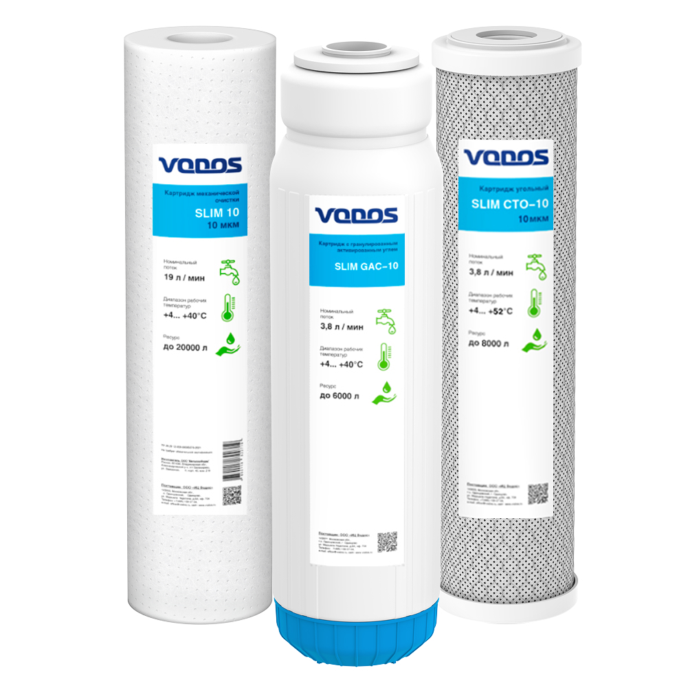 Комплект сменных картриджей  VODOS SLIM-1  (ПП-10,Gac-10,CTO-10)