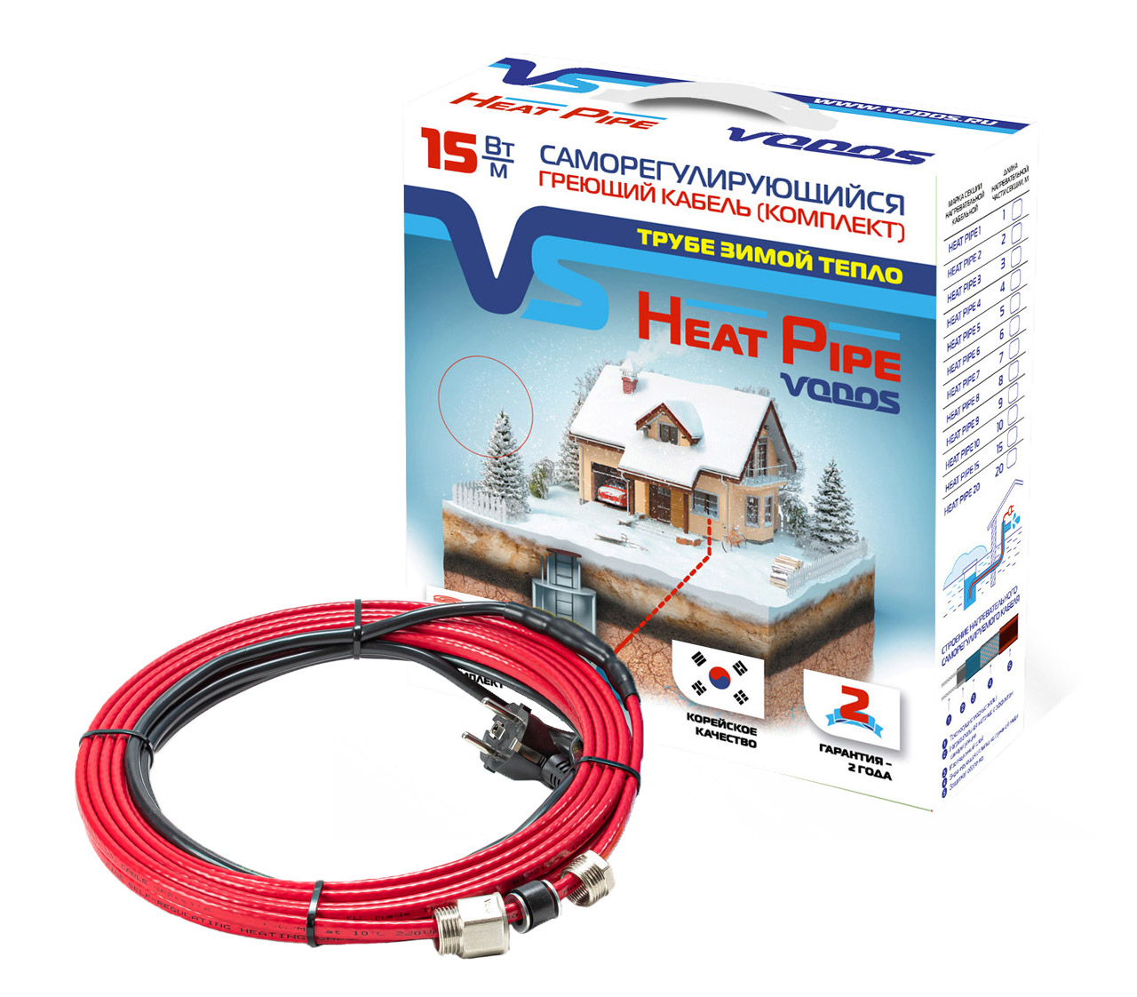 Кабель Греющий  30м  Vodos Heat Pipe, 15 Вт/м