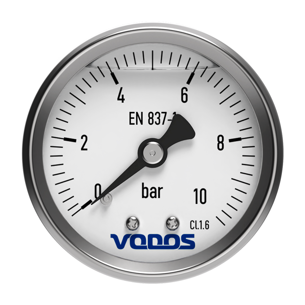 Манометр VODOS Y-60, AXIAL, 0-10 bar (G 1/4'')  глицериновый, в нержавеющем корпусе