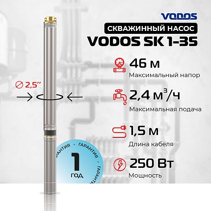 Скважинный насос VODOS SK 1-35 с кабелем1.5м (1х230В,  0,25 кВт, 1")