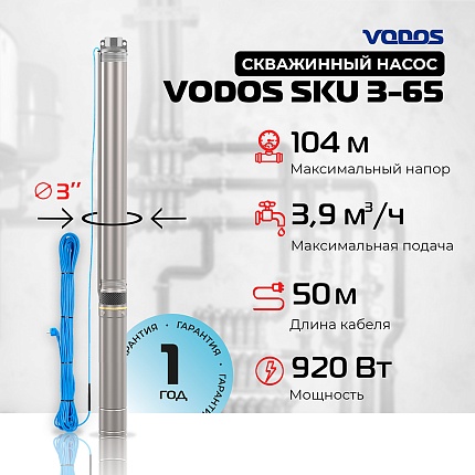 Скважинный насос VODOS SKU 3-65 с кабелем 50м (1х230В,  0,92 кВт, 1")