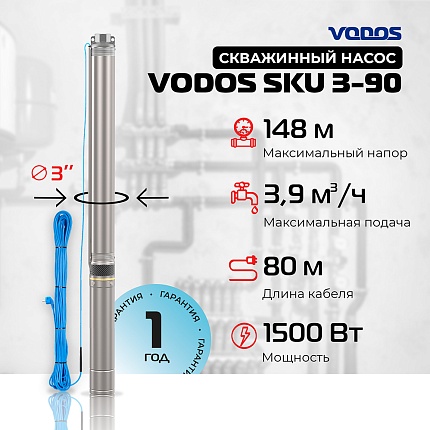 Скважинный насос VODOS SKU 3-90 с кабелем 80м (1х230В,  1,5 кВт, 1")
