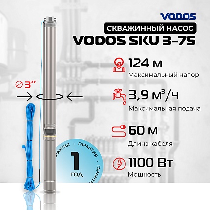 Скважинный насос VODOS SKU 3-75 с кабелем 60м (1х230В,  1,1 кВт, 1")