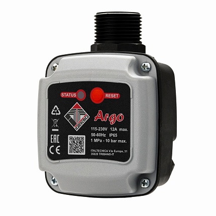 ARGO Реле потока 115-230V 12A автоперезапуск(60 мин/4попыт) IP65 вх/вых 1 внешнее соединение(штуцер), угловое подключение.