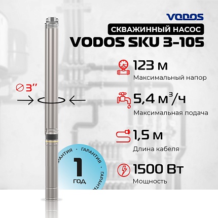 Скважинный насос VODOS SKU 3-105 с кабелем1.5м
